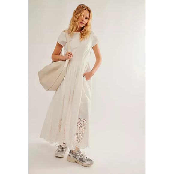 New FREE PEOPLE Laine Eyelet Midi Dress $298 X-LARGE Ivory Floral Lace Trim - Picture 1 of 7